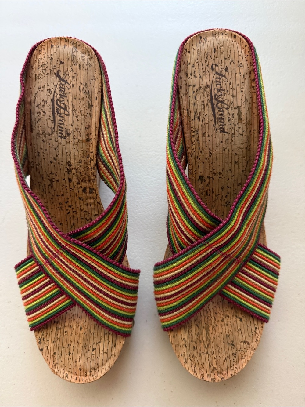 Lucky Brand Multicolor Striped Wedge Sandals with Pink Trim